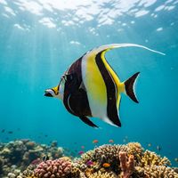 Moorish Idol with bold black, white and yellow vertical bands and a long trailing dorsal filament swimming over a tropical coral reef.