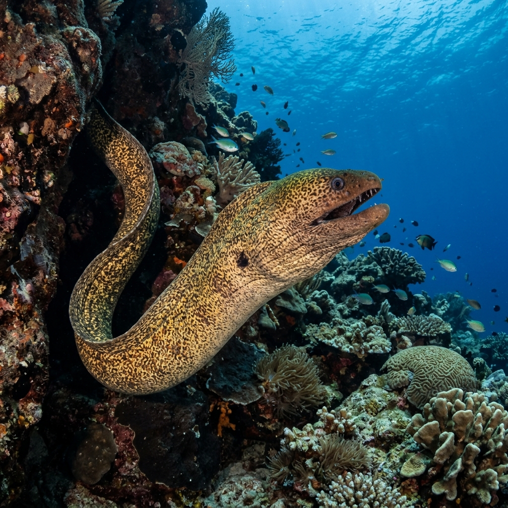 Moray Eel (Muraenidae spp.) swimming in its natural underwater habitat