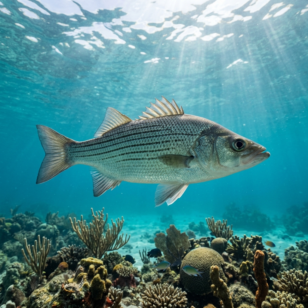 White Bass with silvery sides, faint horizontal stripes, and a deep body swimming in freshwater.