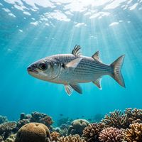 Mullet school of silver, torpedo-shaped fish with faint horizontal stripes swimming in open water near a rocky reef.