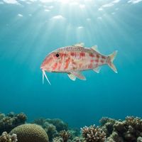 Red mullet with reddish-pink body and two chin barbels foraging over a sandy seabed.