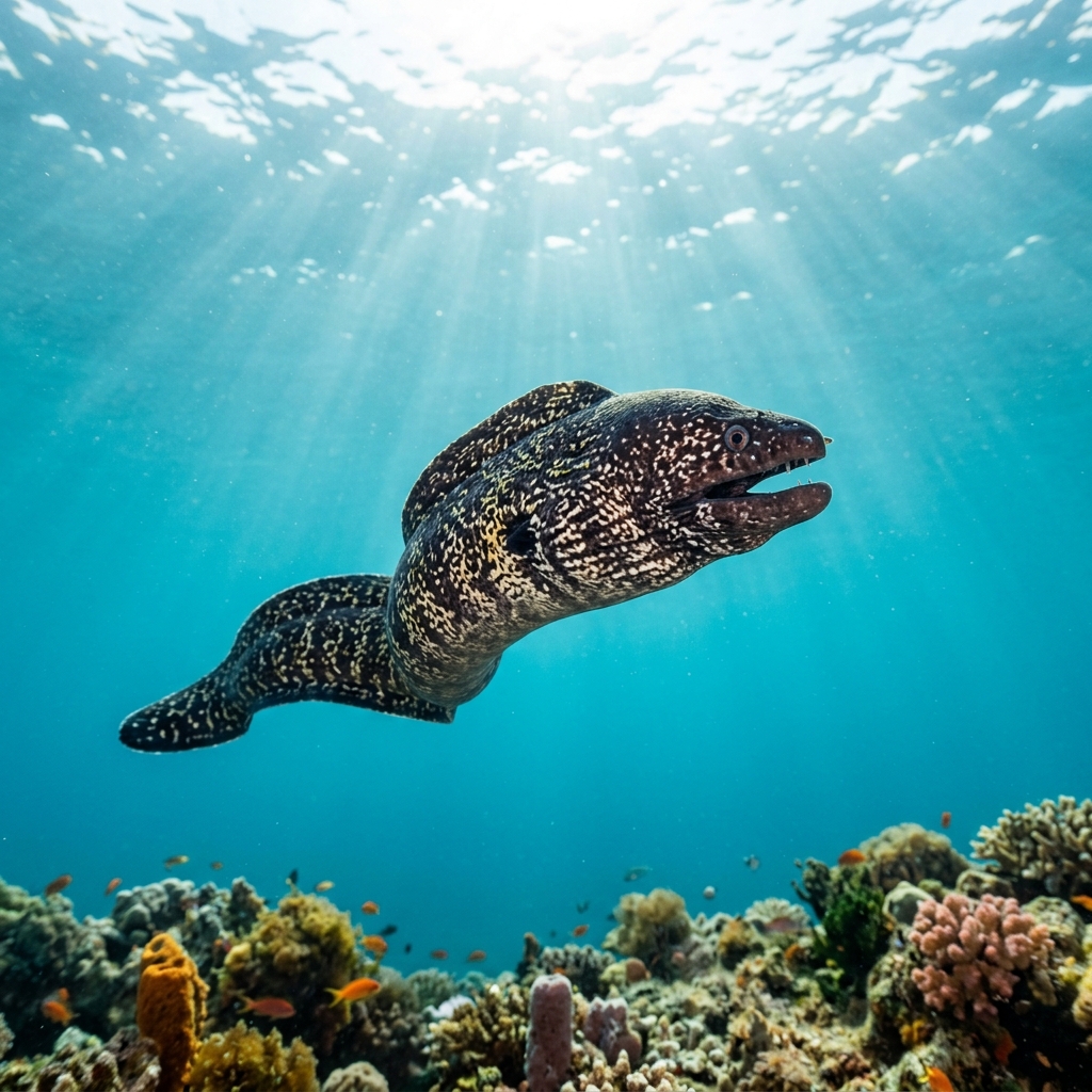 Mediterranean moray eel with dark brown mottled skin and white-speckled pattern peering from a rocky crevice on a Mediterranean reef.