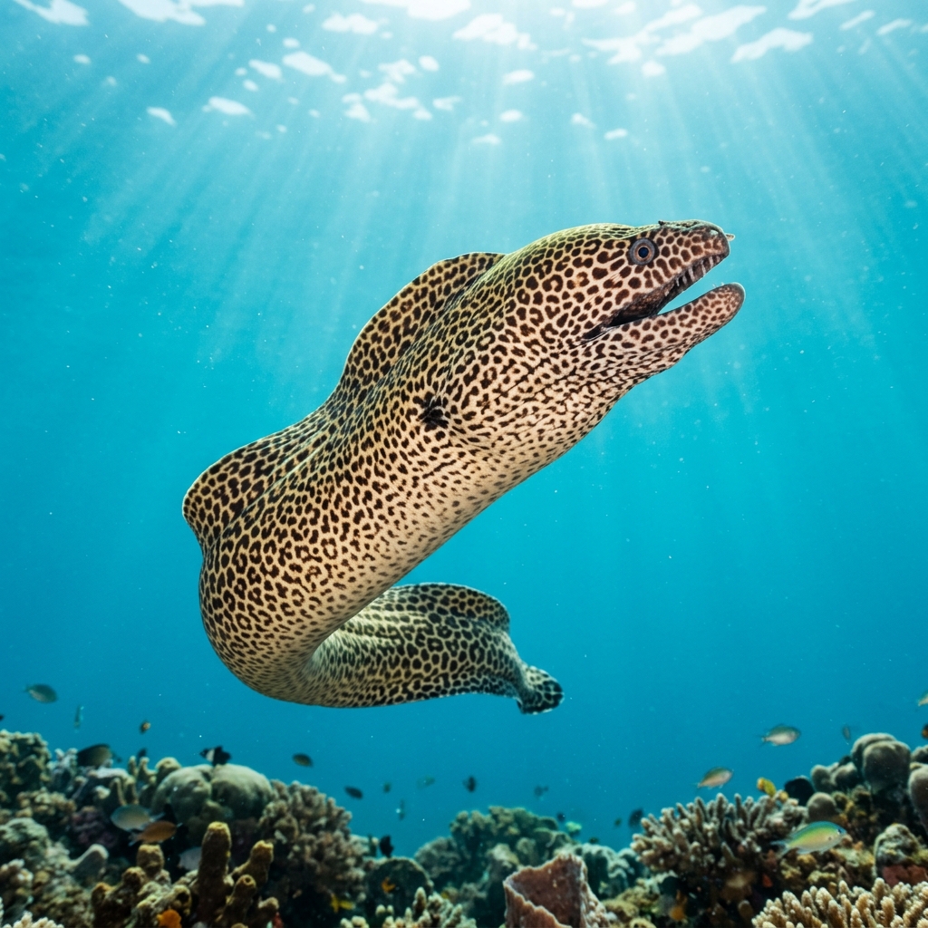 Honeycomb Moray with dark-edged honeycomb patterning along its brown body, peering from a rocky reef crevice.