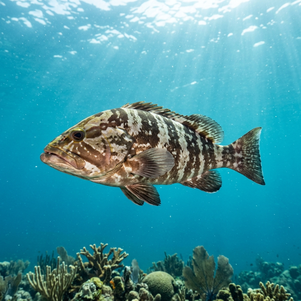 Nassau Grouper with pale brown and white vertical bars and a dark saddle patch at the tail base, resting near a coral reef.