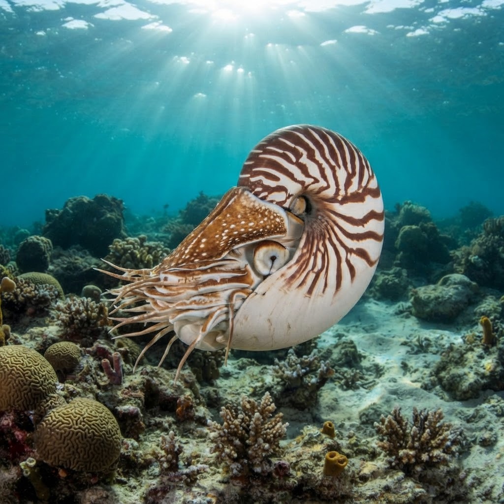 Bellybutton nautilus with a coiled brown-and-white striped shell hovering near a dark reef wall.