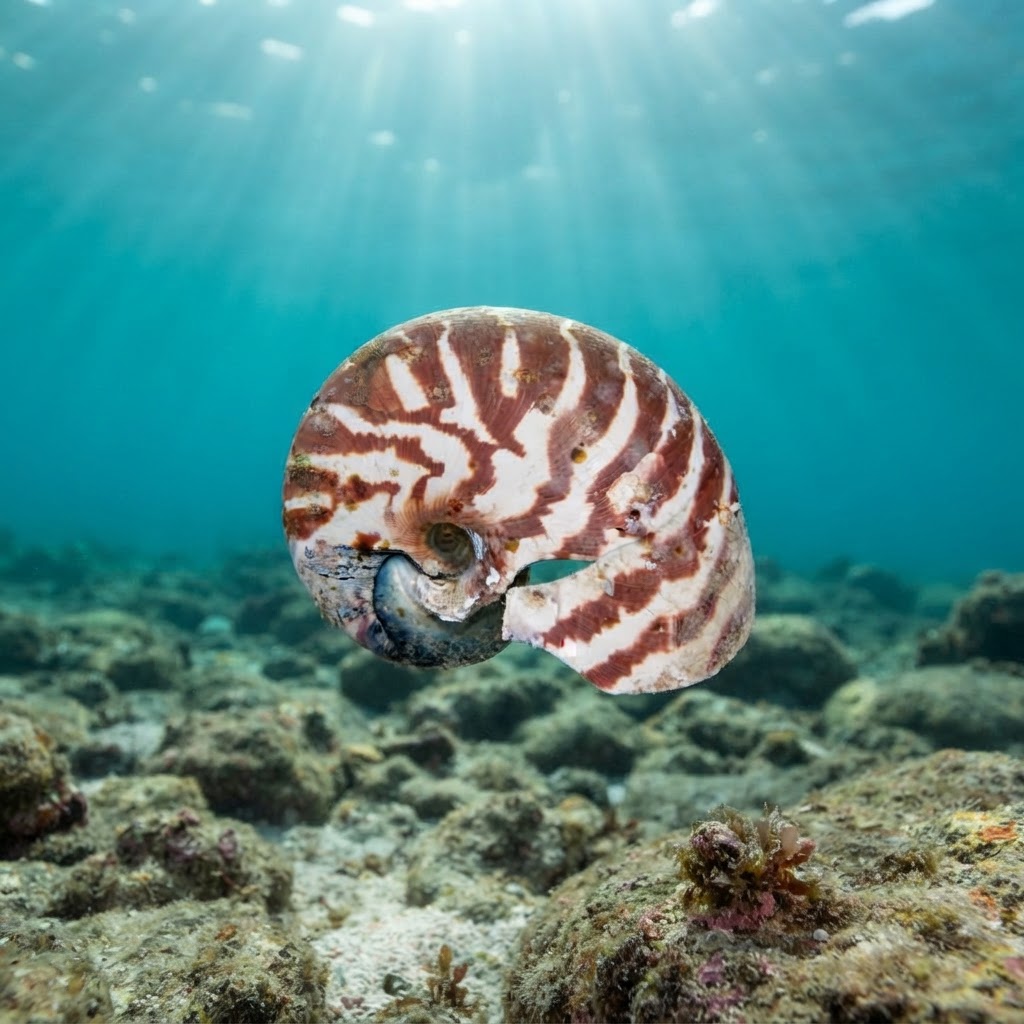 Chambered Nautilus with a striped brown and cream coiled shell drifting near a reef wall at night.