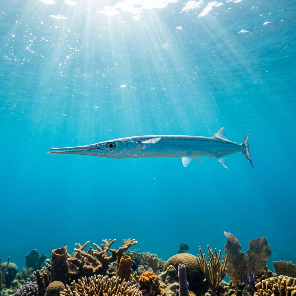 Needlefish (Belonidae spp.) swimming in its natural underwater habitat