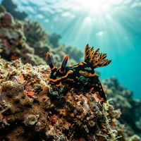 Nembrotha nudibranch with dark body, bold green or orange markings, and prominent gill plumes crawling over a coral reef.