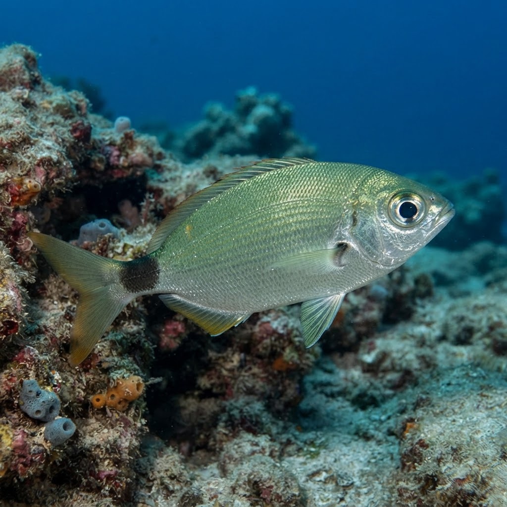 Adult saddled bream with silvery-grey body and a distinct black spot near the tail swimming over a rocky Mediterranean reef.