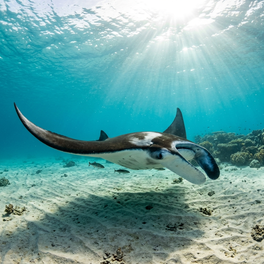 Oceanic manta ray with broad dark back, white underside, and distinctive cephalic fins gliding over a deep blue open-water setting.