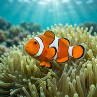Ocellaris anemonefish with orange body, white bands edged in black, nestled among the tentacles of a sea anemone on a tropical reef.