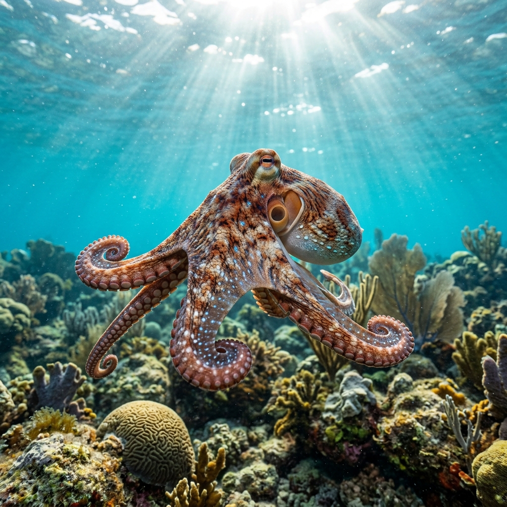 Caribbean reef octopus displaying blue-green iridescent skin with mottled brown patches, arms spread across a coral reef.