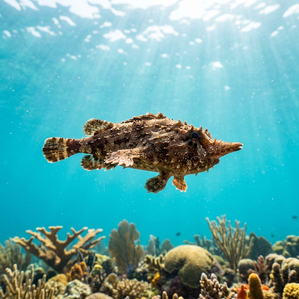 Shortnose Batfish resting on sandy seafloor, showing its flattened brownish body, upturned snout, and arm-like pectoral fins.