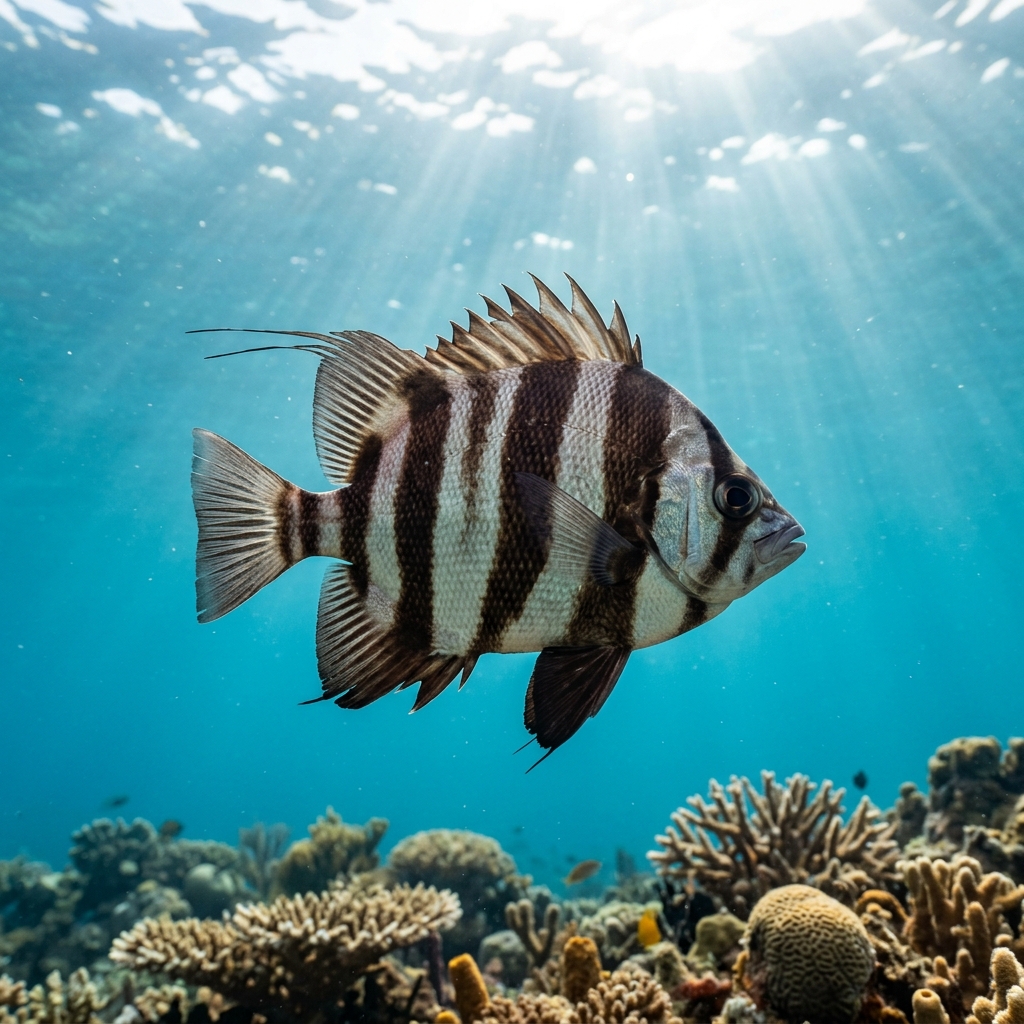 Old Wife (Enoplosus armatus) swimming in its natural underwater habitat