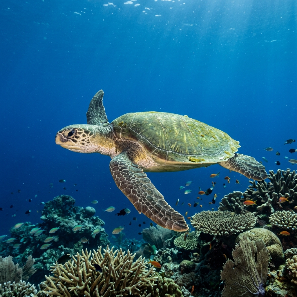 Olive Ridley Sea Turtle (Lepidochelys olivacea) swimming through clear tropical waters