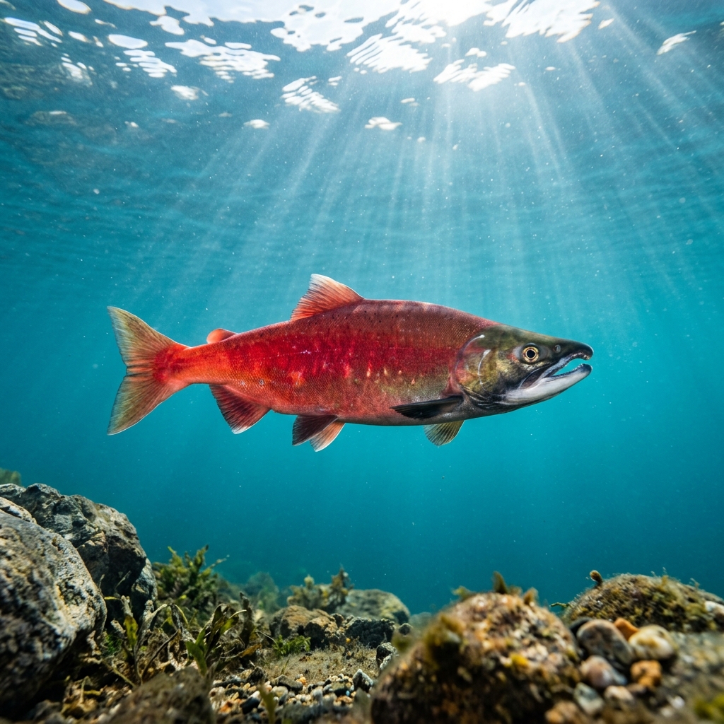 Kokanee salmon with silvery flanks and a streamlined body swimming in cold freshwater.