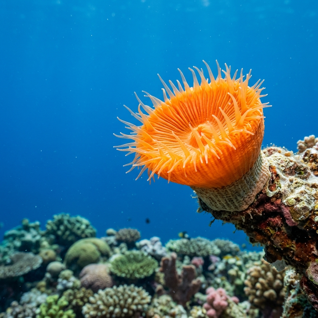 Orange Cup Coral (Balanophyllia elegans) growing on a reef