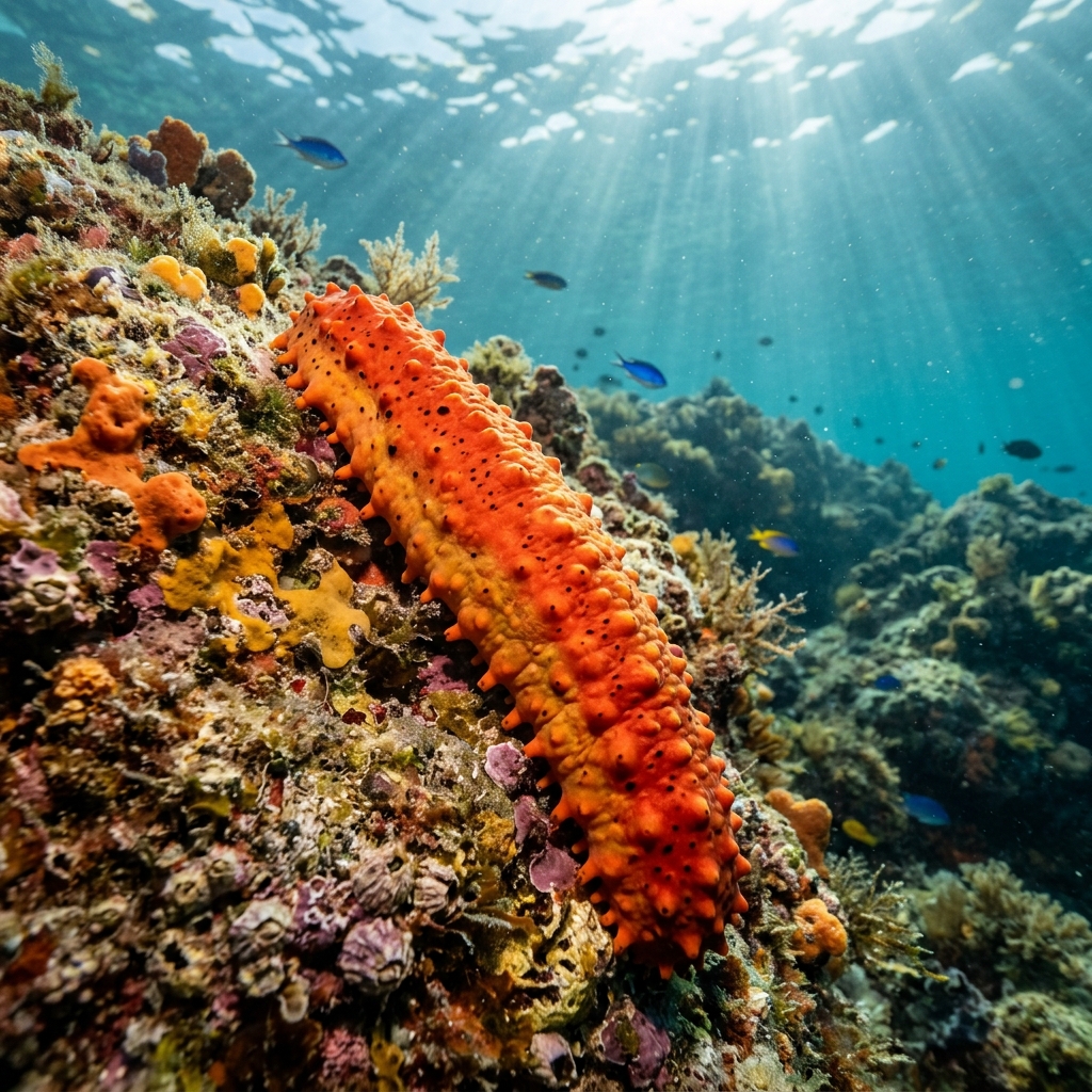 Orange Sea Cucumber (Cucumaria miniata) in its marine habitat