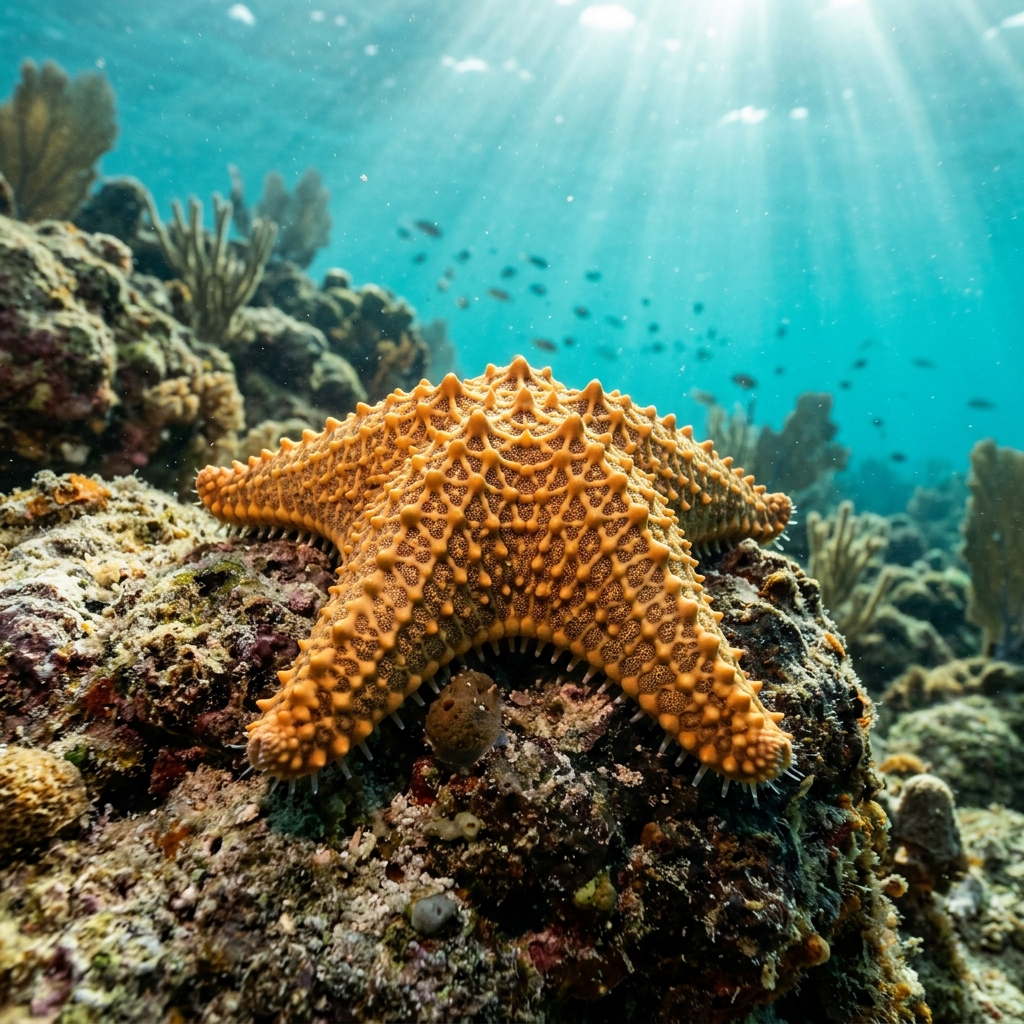 Cushion Sea Star with a thick, rounded orange and red body covered in a raised geometric net pattern resting on a sandy seafloor.