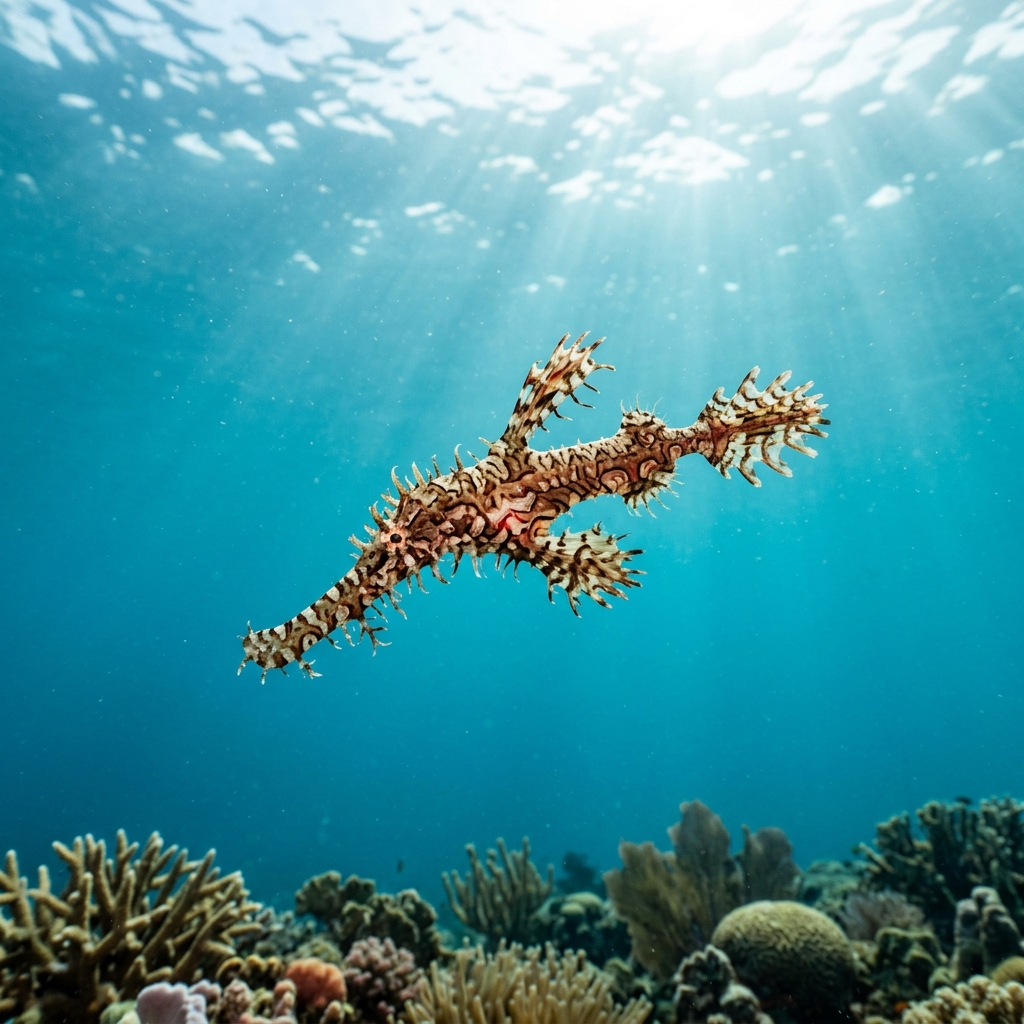 Ornate Ghostpipefish (Solenostomus paradoxus) swimming in its natural underwater habitat