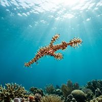 Ornate ghostpipefish with ornate spiny fins and mottled red, white and black colouration hovering near a feather star on a coral reef.