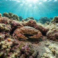 Three-spot swimming crab with mottled sandy shell and three dark spots resting on a sandy seafloor.