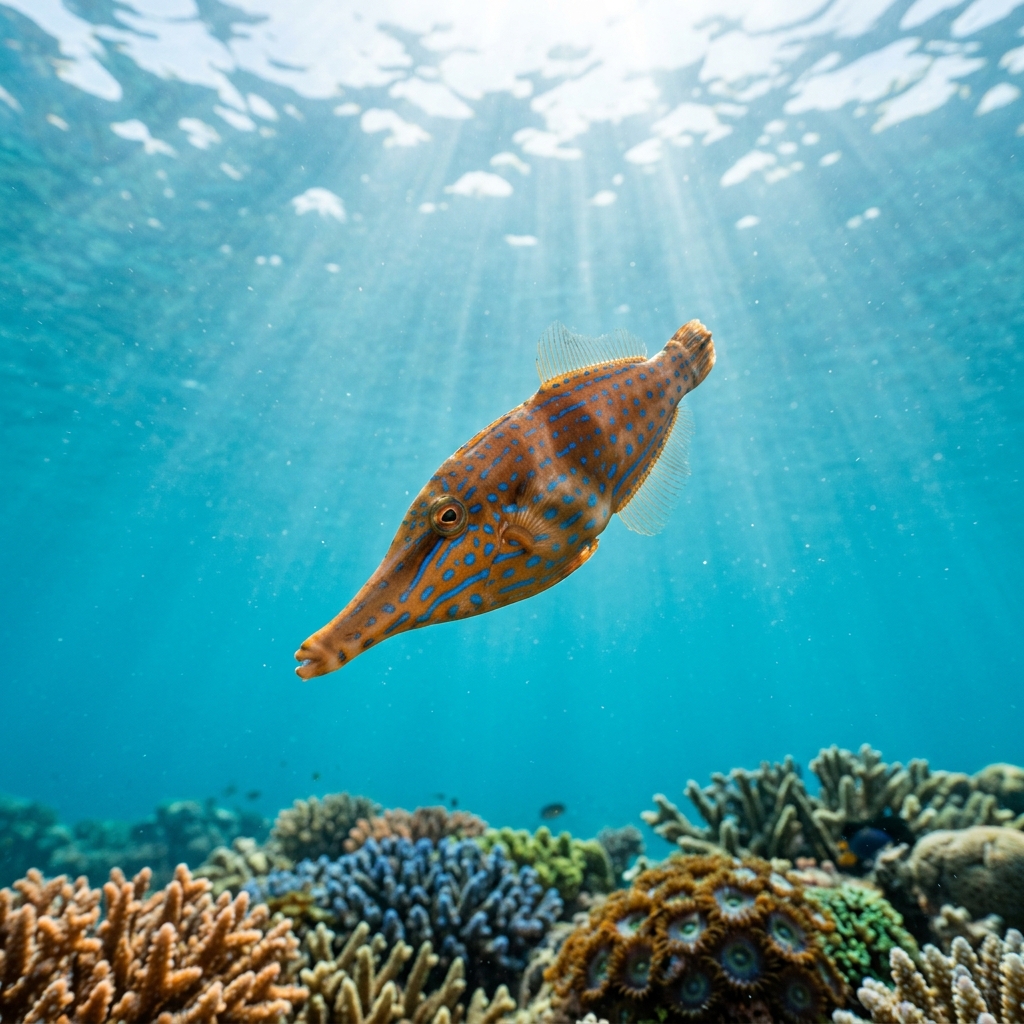 Longnose Filefish with bright orange spots on a pale green-blue body swimming close to coral reef branches.