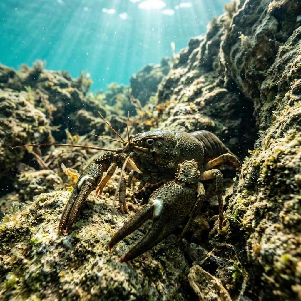 Signal Crayfish with reddish-brown claws showing pale turquoise patches at the joints, resting on a rocky freshwater lakebed.