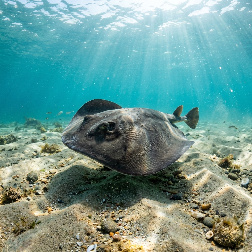 Pacific Electric Ray resting on a sandy seafloor, showing its broad, rounded disc and dark grey-brown dorsal colouring.