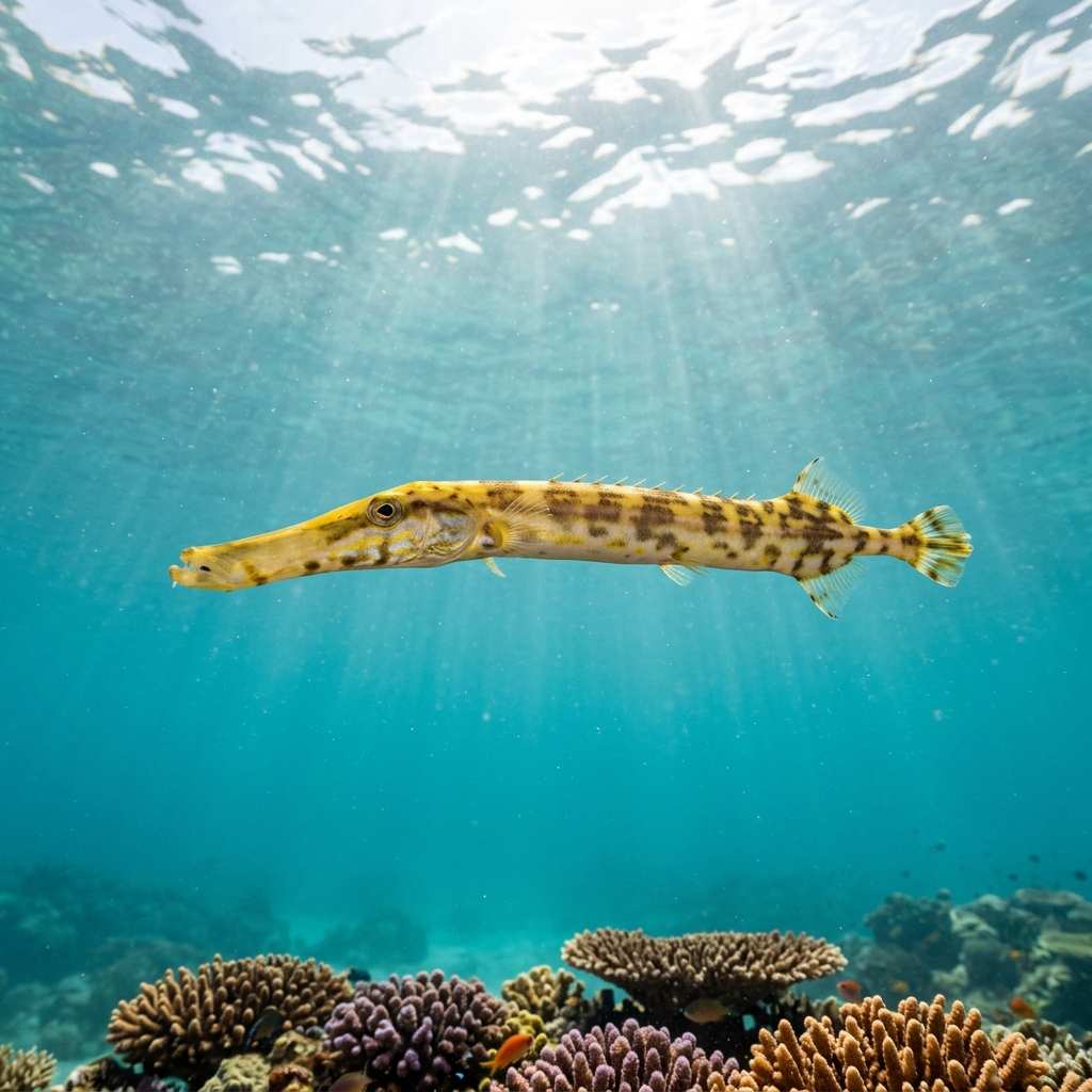 Pacific Trumpetfish with a long slender pale yellow-brown body and tubular snout hovering vertically among coral on a tropical reef.