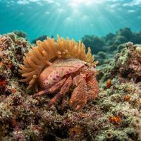 Prideaux's hermit crab with a pink-banded shell covered by a pale anemone, resting on sandy seabed.