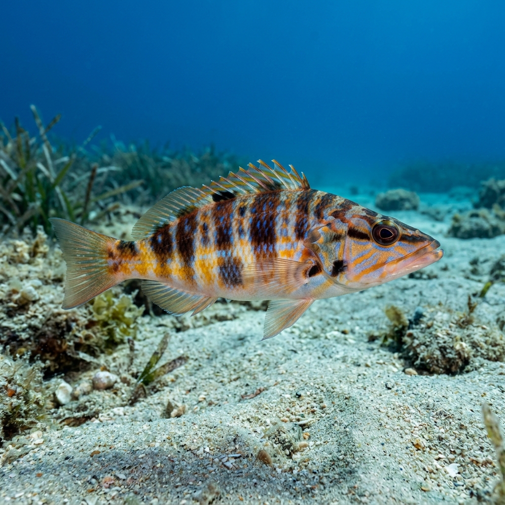 Painted Comber (Serranus scriba) swimming in its natural underwater habitat