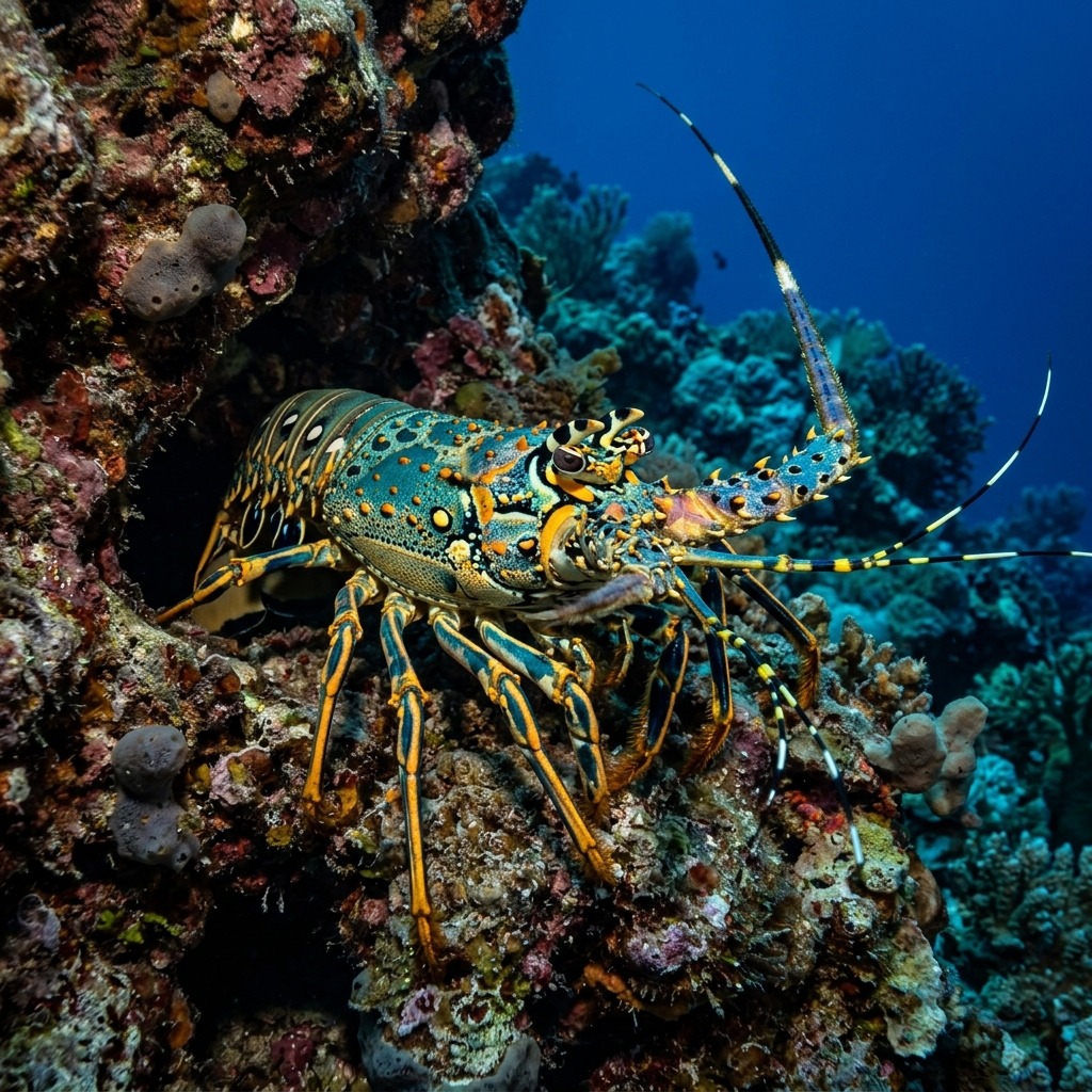 Painted Spiny Lobster (Panulirus versicolor) on a coral reef
