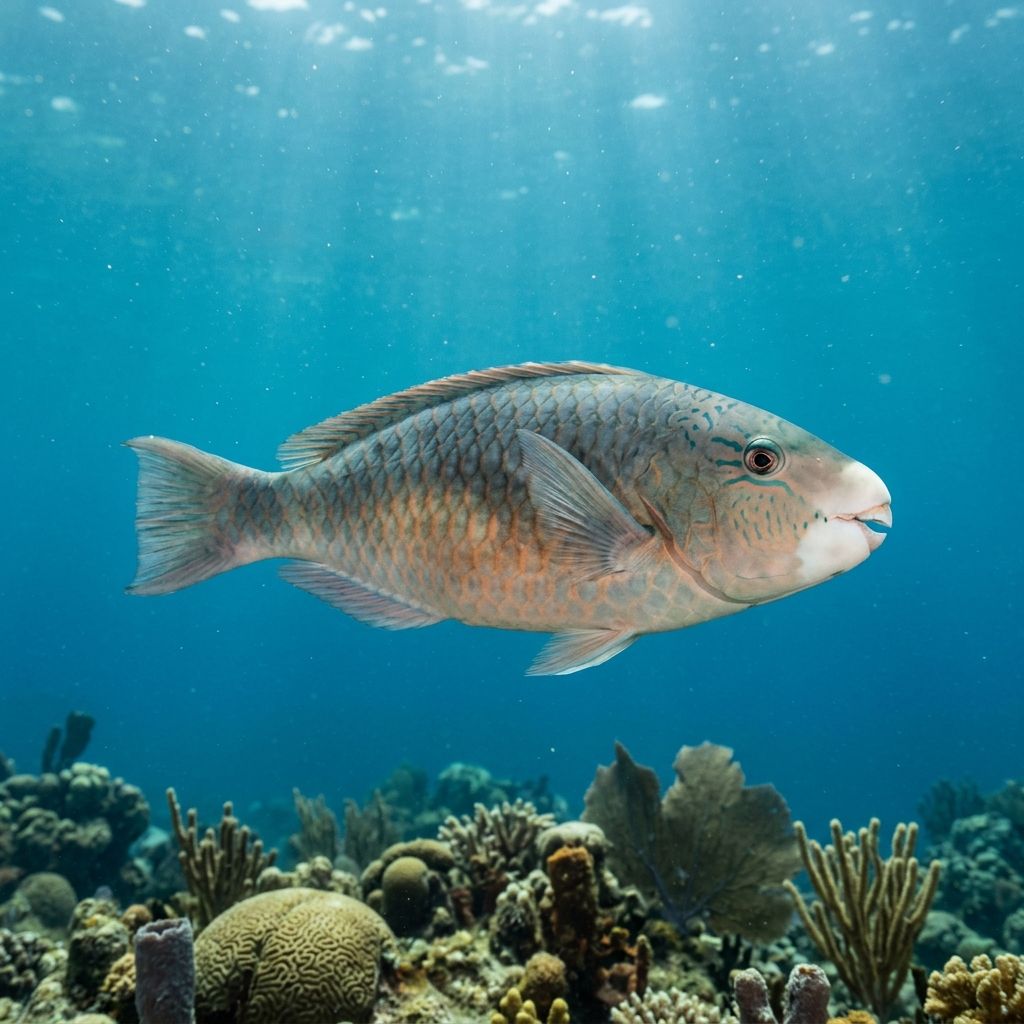 Palenose Parrotfish with blue-green colouration and beak-like fused teeth swimming over a shallow coral reef.