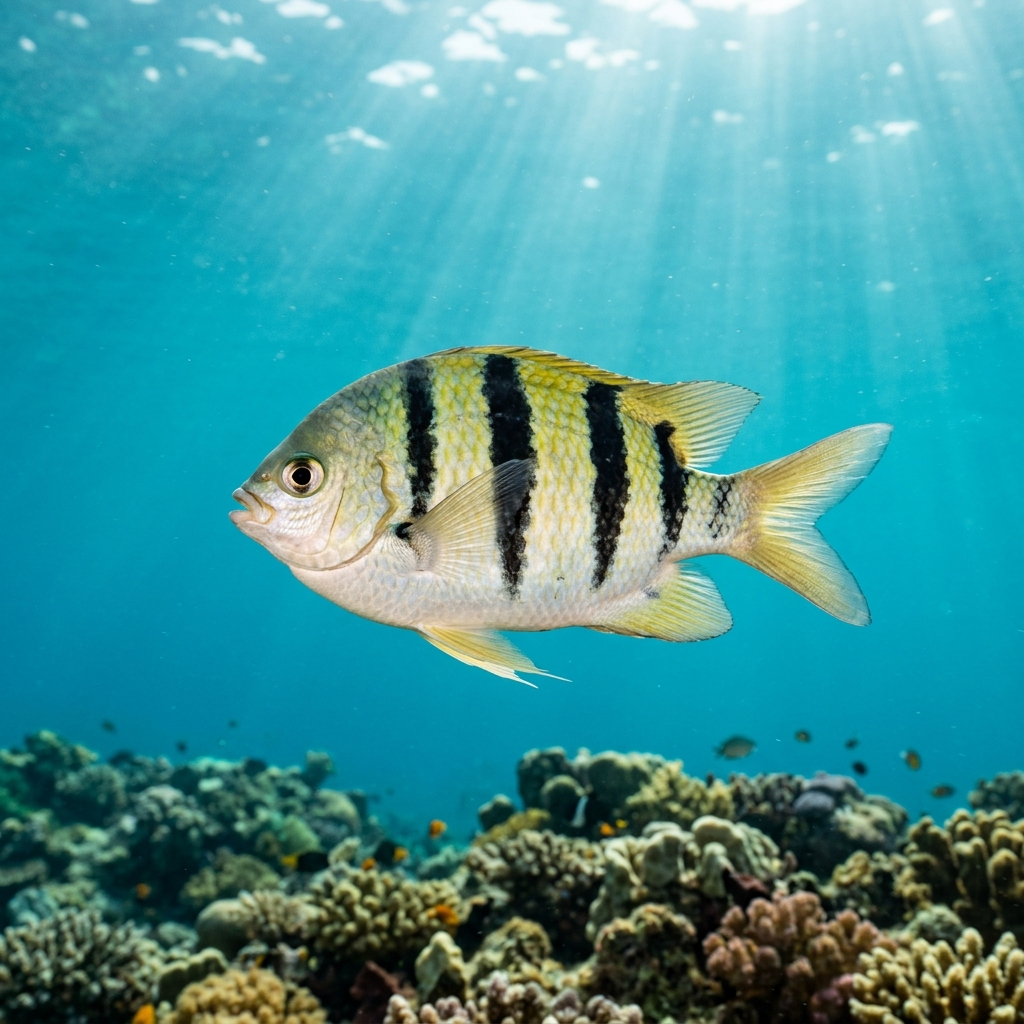 Panamic Sergeant Major (Abudefduf troschelii) swimming in its natural underwater habitat