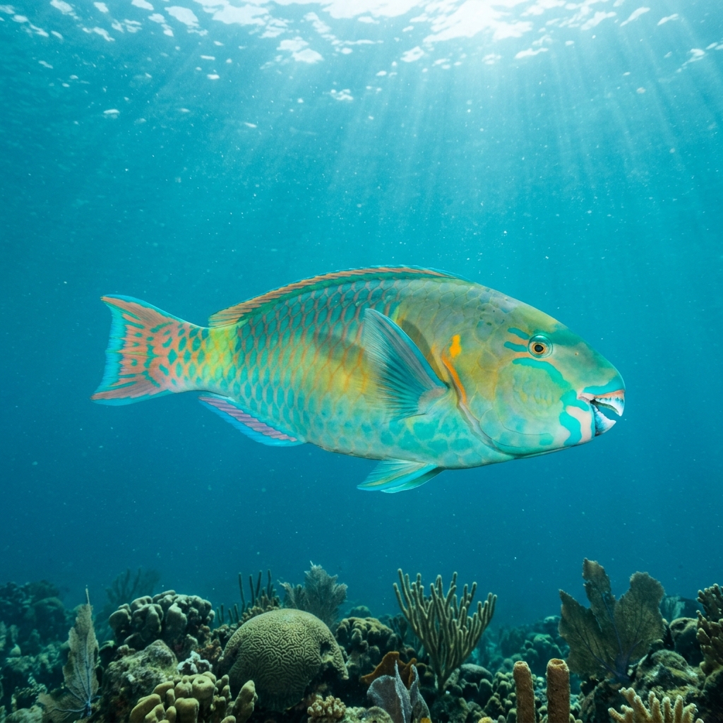 Parrotfish (Scaridae spp.) swimming in its natural underwater habitat