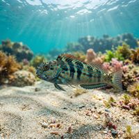 Peacock Blenny perched on a rocky reef, showing olive-brown body with blue and orange facial markings and a fleshy crest on the head.