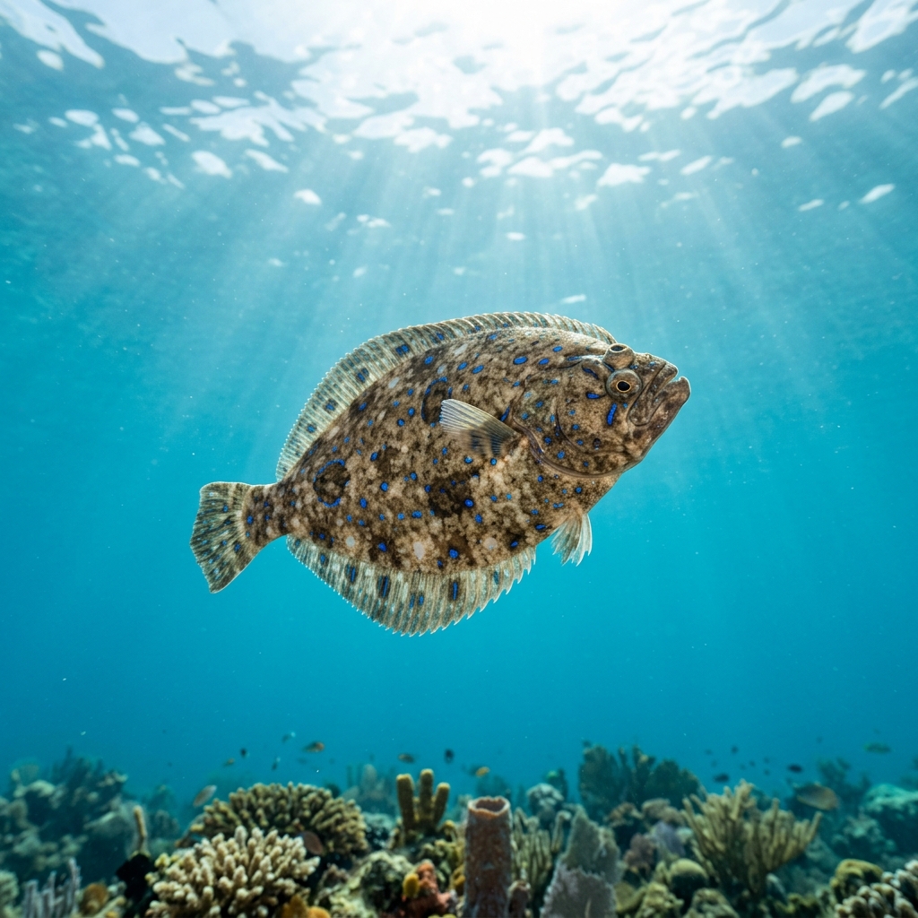 Peacock Flounder lying on sandy seafloor, showing blue-ringed brown spots and both eyes on the upper side of its flat oval body.