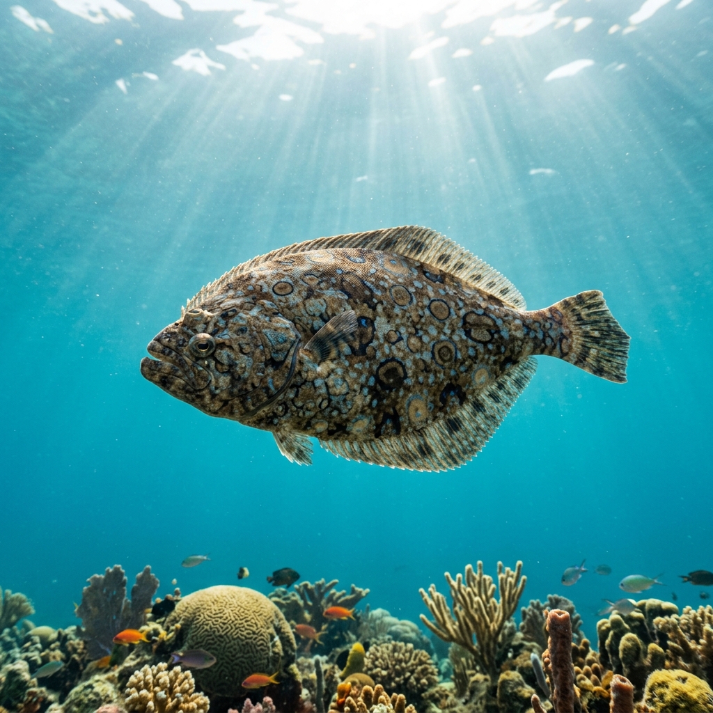 Peacock Flounder (Bothidae spp.) swimming in its natural underwater habitat