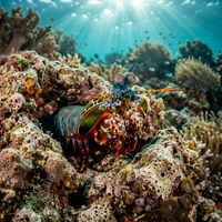 Peacock mantis shrimp with vivid green, red, orange and blue banded body resting at the entrance of a sandy burrow on a coral reef.