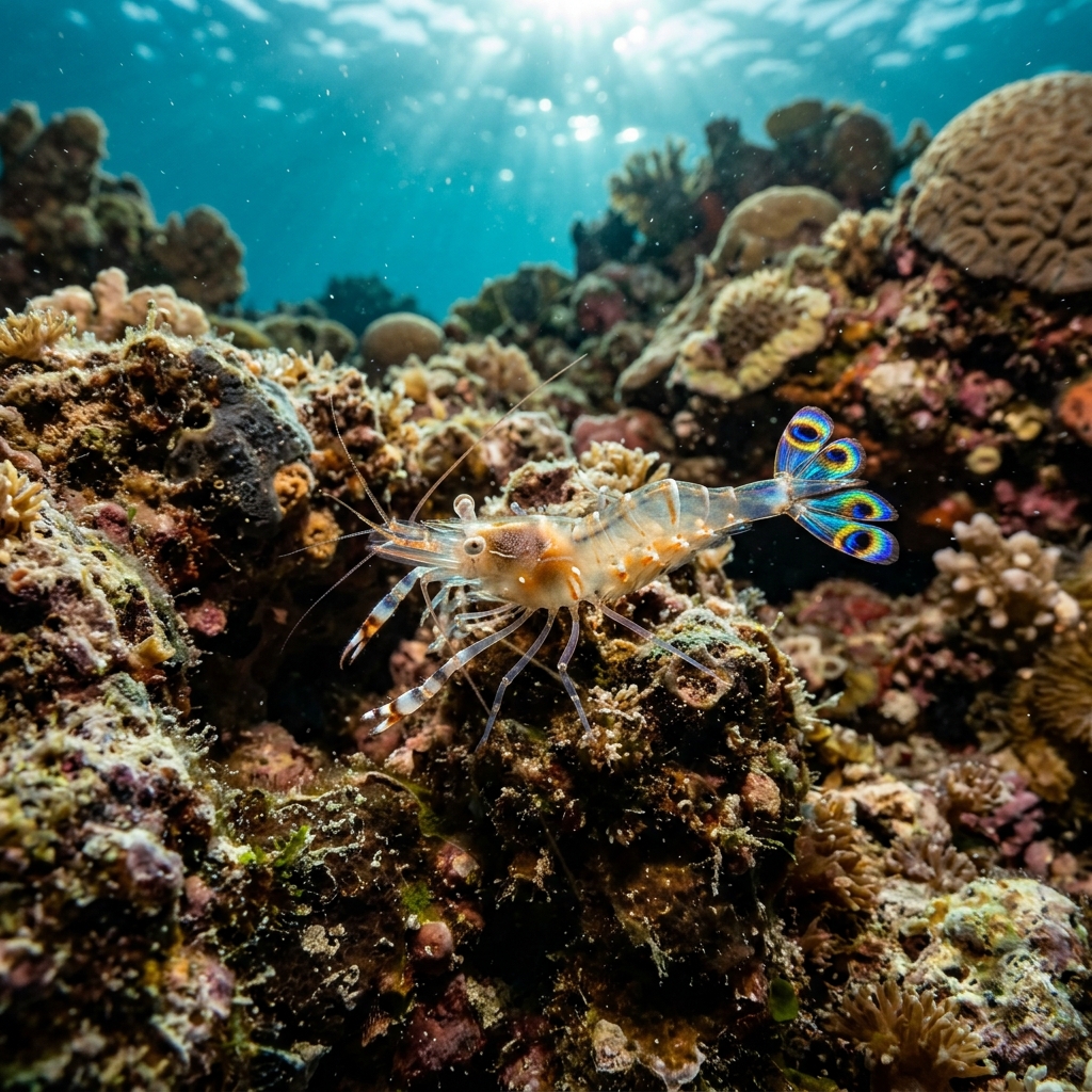 Peacock-tail Anemone Shrimp (Ancylocaris brevicarpalis) on a coral reef