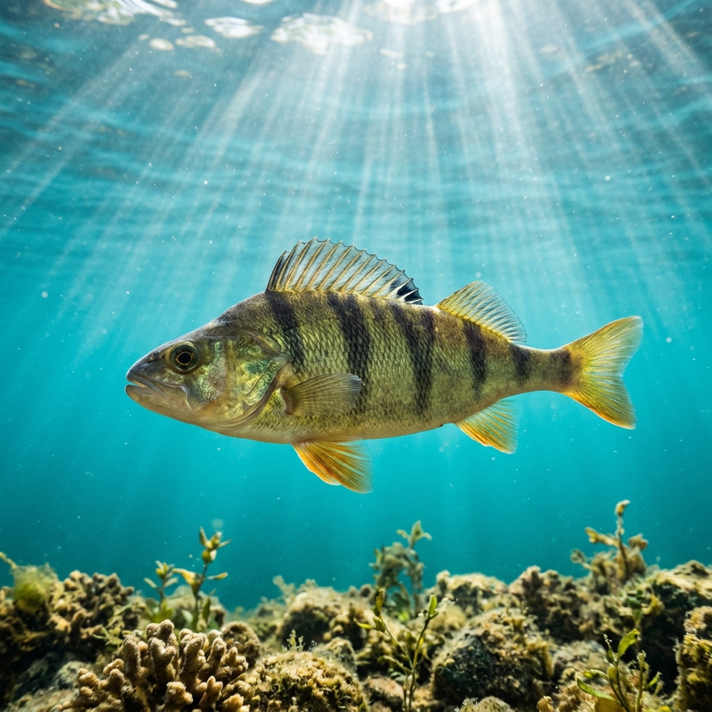 Perch (Percidae spp.) swimming in its natural underwater habitat