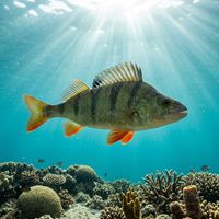 Perch with olive-green body, dark vertical bars, and orange-red lower fins swimming near submerged vegetation in a freshwater lake.