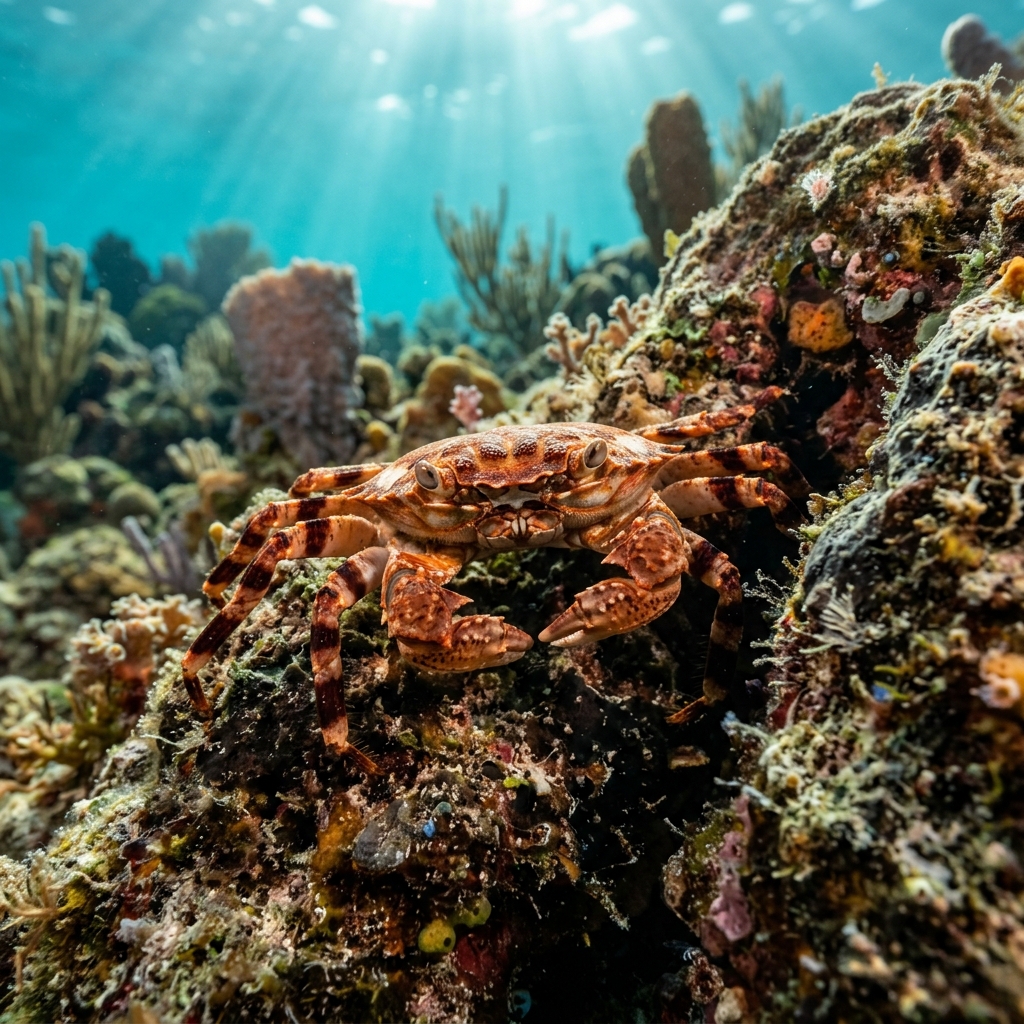 Flat crab with spidery legs and olive-green patterned carapace clinging to a rocky reef surface.