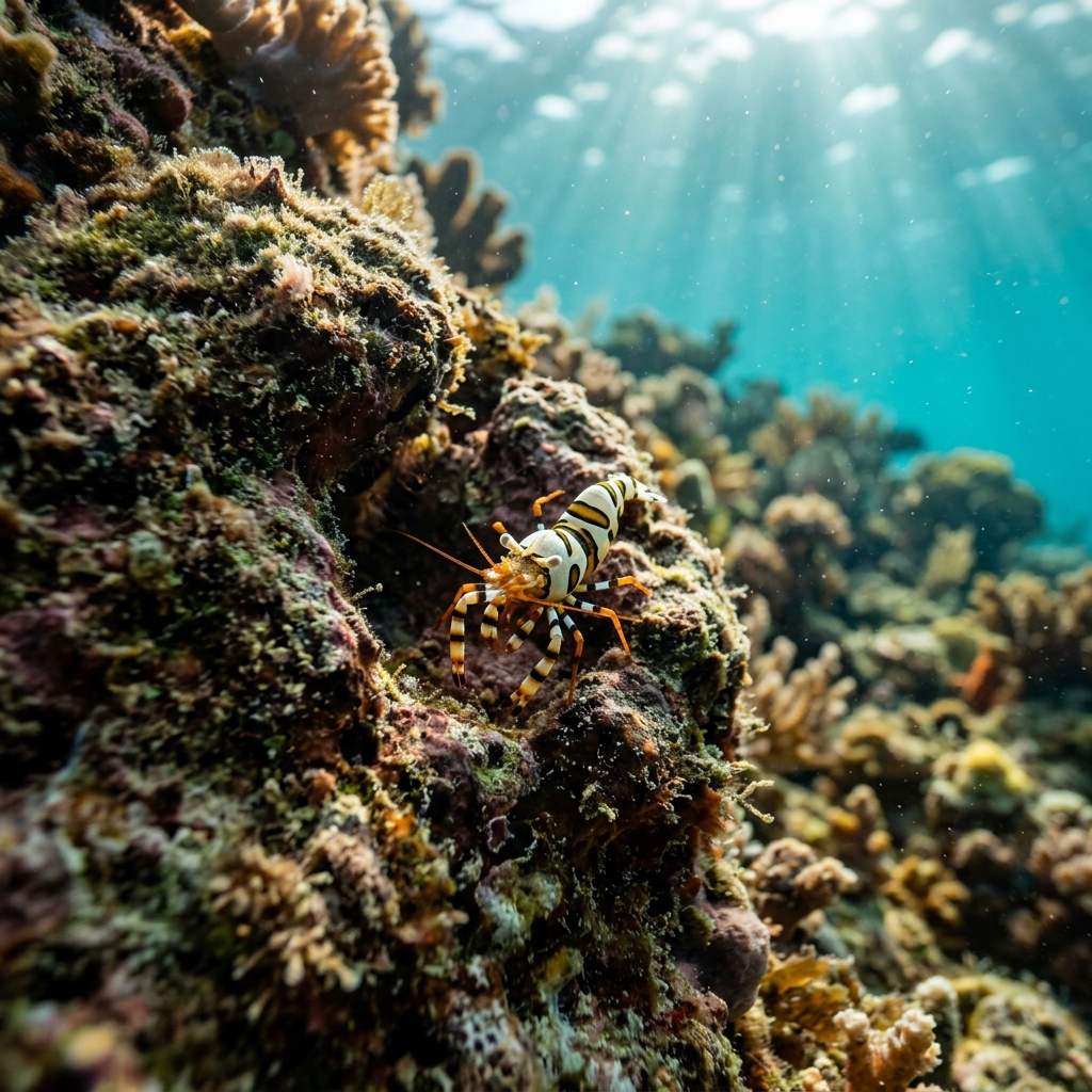 Coleman Shrimp with white body and bold red and purple markings perched on the spines of a fire urchin on a tropical reef.