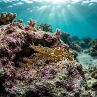 Small translucent Periclimenes rathbunae shrimp perched on the tentacles of a sea anemone on the reef.