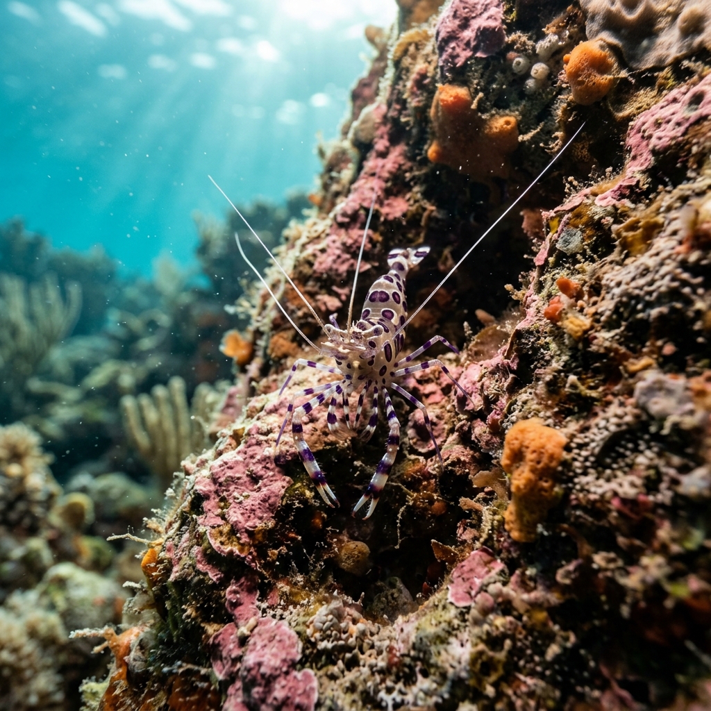 Spotted Cleaner Shrimp with translucent body, white and purple spots, and bold saddle markings perched on a sea anemone on a Caribbean reef.