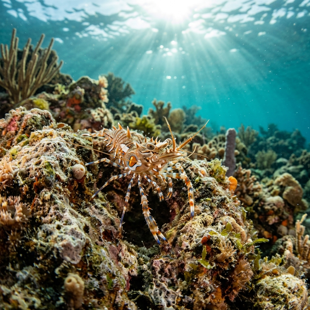 Spiny Tiger Shrimp with bold striped markings and prominent eyestalks perched on a coral reef substrate.