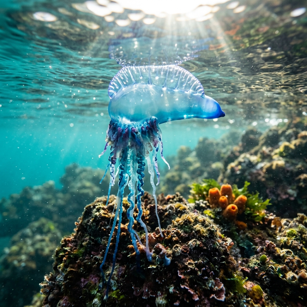 Bluebottle with vivid electric-blue gas-filled float and long trailing tentacles drifting near the ocean surface.