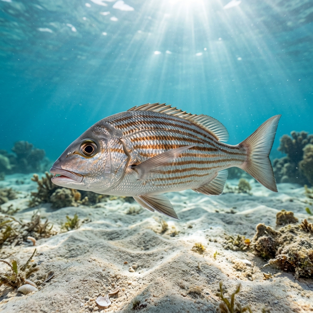 Pigfish (Orthopristis chrysoptera) swimming in its natural underwater habitat
